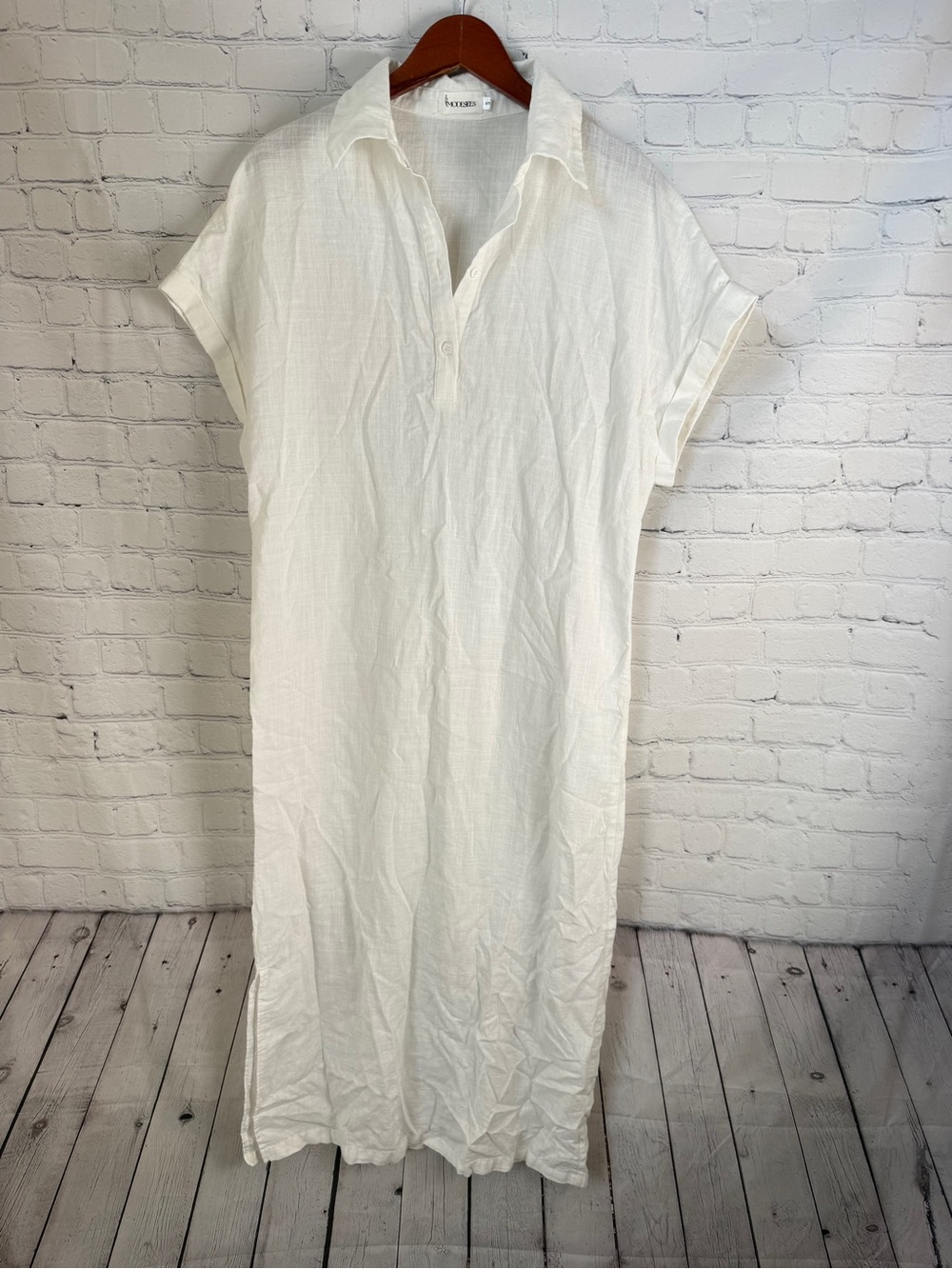 Modesees Lightweight White Short-Sleeve Button-Down Linen Dress Small